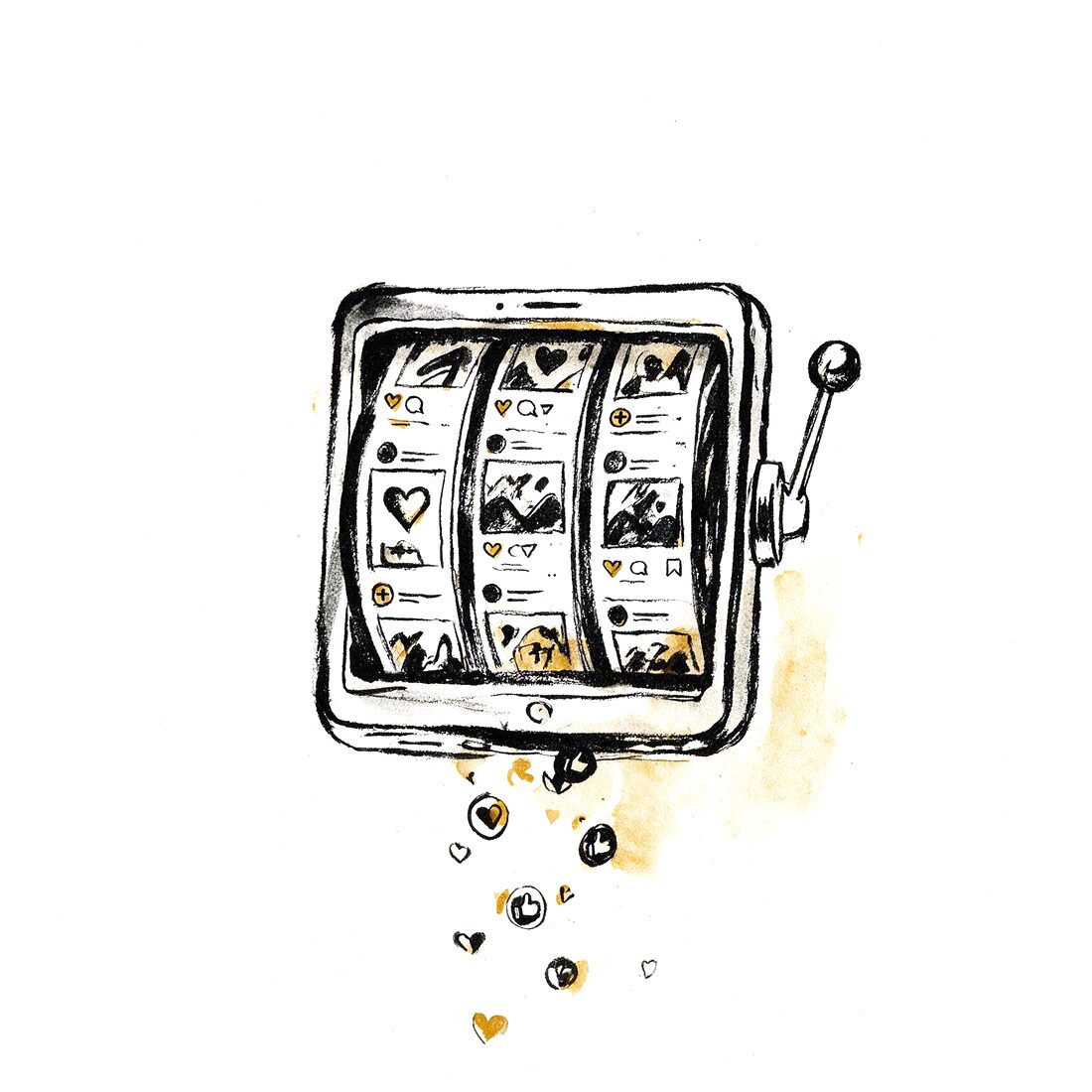 Dibujo a tinta de un móvil convertido en tragaperras: el feed gira como los rodillos y suelta corazones y likes.
