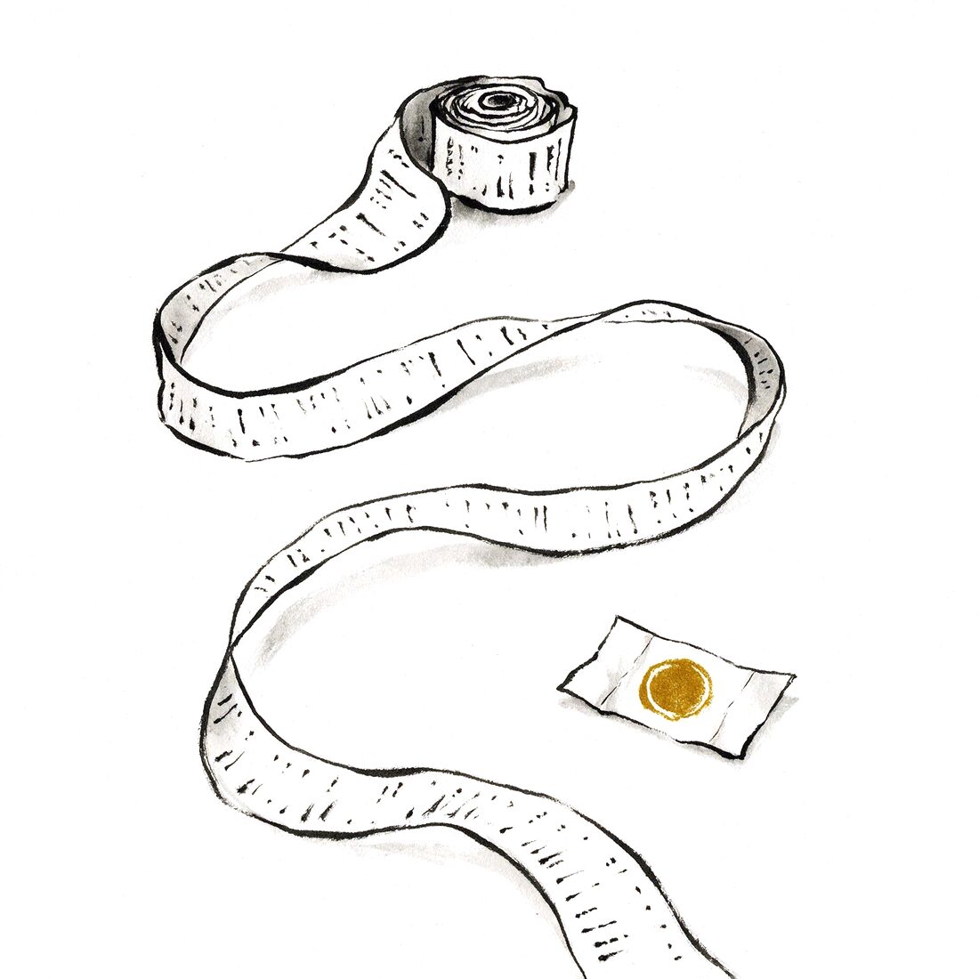 Dibujo a tinta de un tique de caja que se desenrolla sin fin fuera de la página, junto a un papelito con un solo sello dorado.