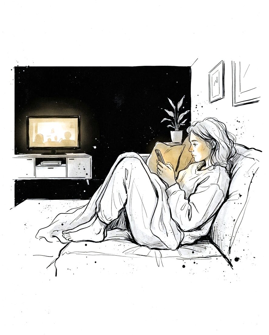 Dibujo a tinta de una persona hundida en el sofá de noche, la cara iluminada por el móvil y la tele encendida en la oscuridad.