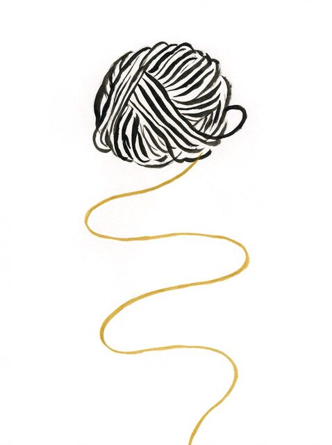 Dibujo a tinta de un ovillo con un hilo dorado estirado que se va de la página, sin final a la vista.