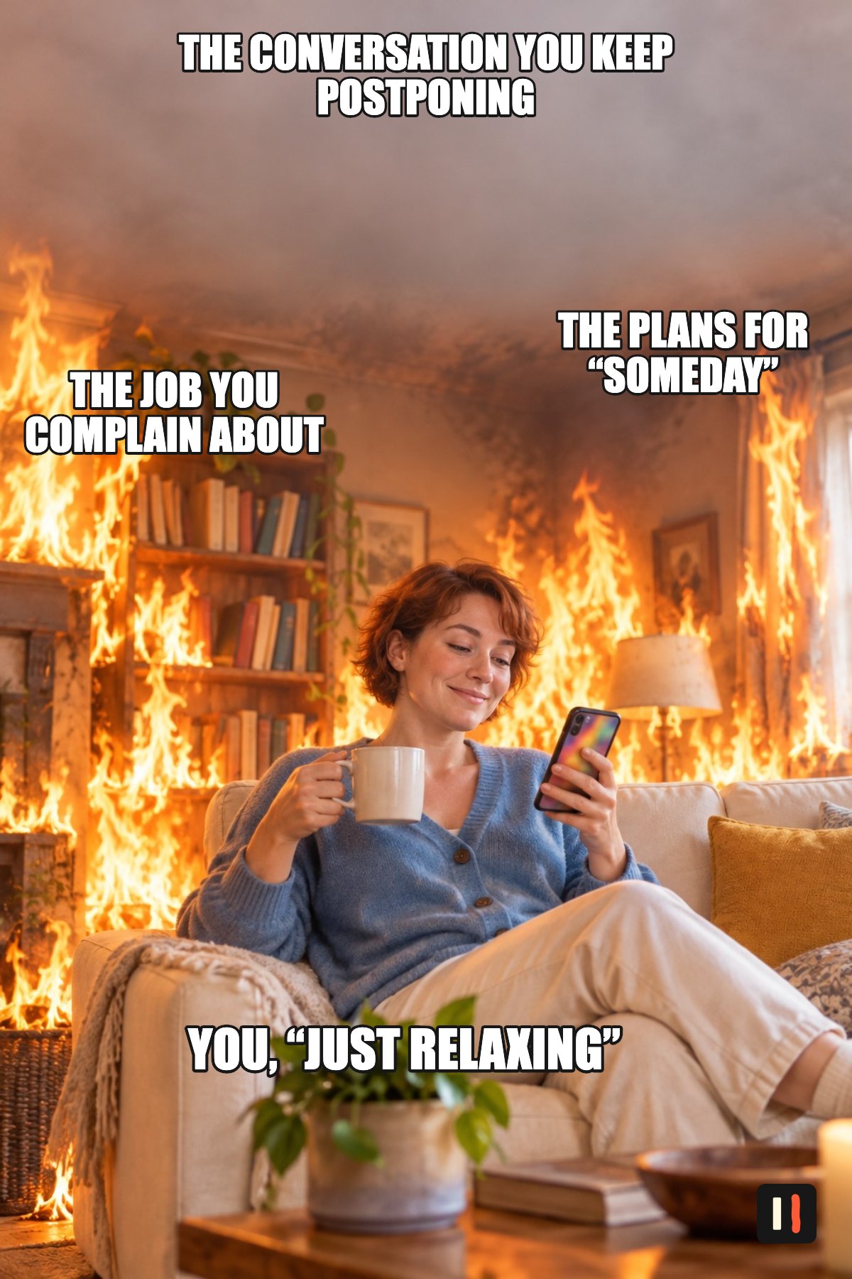 This is fine meme: you, “just relaxing” on the sofa with your phone, while the job you complain about, the plans for someday and the conversation you keep postponing burn around you.