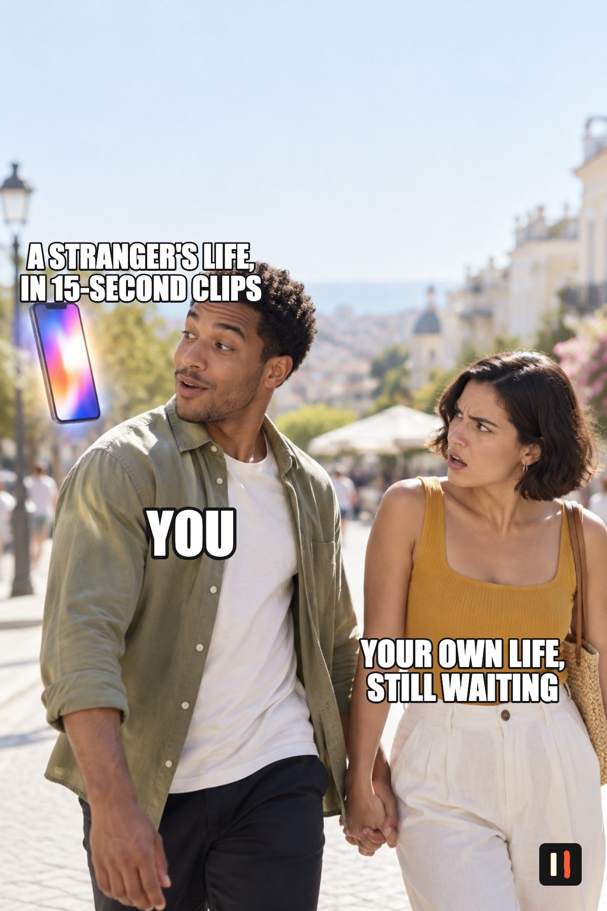 Distracted boyfriend meme: you, turning to look at a stranger's life in 15-second clips, while your own life, still waiting, stares at you.