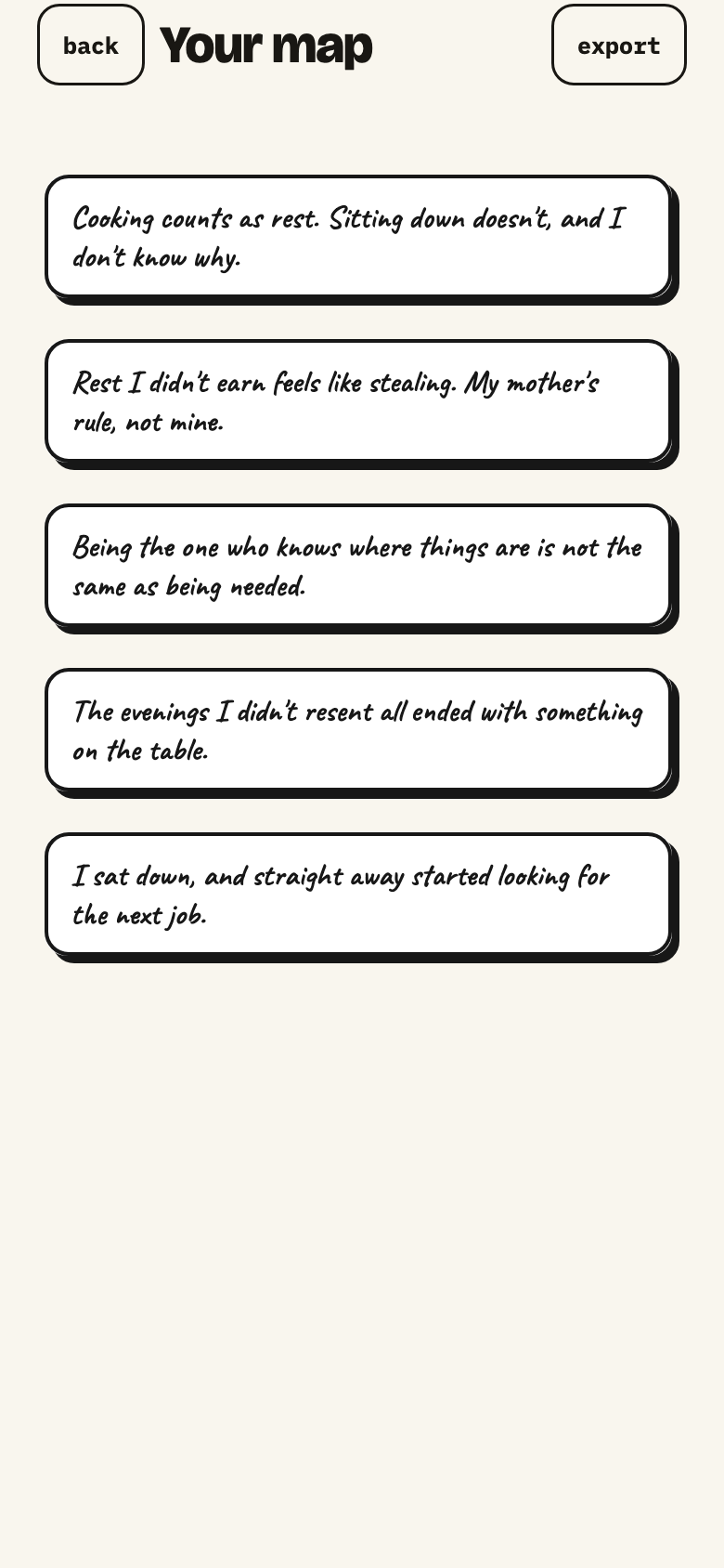 A captured Cohesive map screen showing sentences a person has chosen to keep.